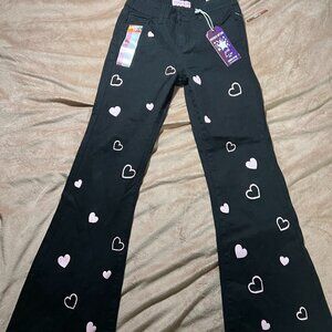 Girls Gogo Star black high-rise flare jeans featuring pink hearts size 12